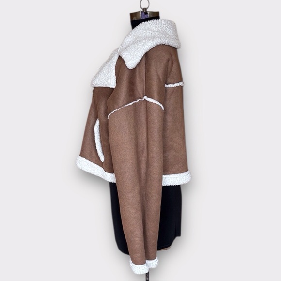 Cider Faux Shearling Brown and White Cropped Biker Teddy Jacket 1X - Picture 11 of 15